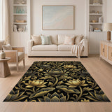 Opulent Black Gold Lotus Floral Area Rug