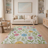 Whimsical Pink Blue Yellow Floral Area Rug