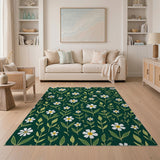 Floral Vintage Emerald Green White Daisy Floral Area Rug