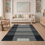 Modern Black White Geometric Block Stripe Rug