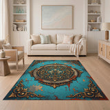 Ornate Gold Filigree Medallion Teal Rug