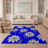 White Daisy Line Art on Vibrant Blue Area Rug