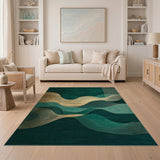 Emerald Waves Abstract Area Rug with Gold Accents