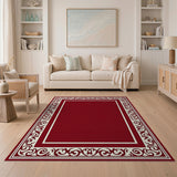 Deep Red Area Rug with Ornate Ivory Scroll Border
