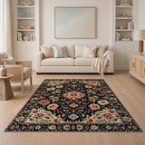 Black Persian Floral Area Rug with Red Motifs