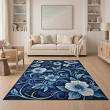 ODIKA Washable Blue Floral Area Rug - Low Pile Non-Slip Traditional Indoor Rug