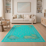 Teal Paisley Palm Leaf Coastal Area Rug
