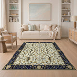 Ivory Persian Floral Area Rug with Gold Vines Navy Border