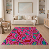 Vibrant Pink Teal Leaf Red Feather Boho Area Rug