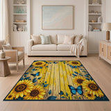 Sunflower Blue Butterfly Rustic Wood Area Rug