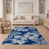 Blue and Teal Navy Blue Hibiscus Palm Leaf Area Rug