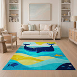 Blue and Teal Playful Navy Whale Ocean Kids Area Rug