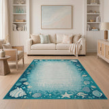 Teal Seashell Fish Coastal Area Rug
