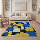 Retro Navy Blue Yellow Floral Geometric Rug