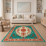 Ornate Teal Border Persian Medallion Rug
