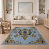 Blue Persian Mandala Rug with Gold Ornate Borders
