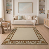 Beige Area Rug with Ornate Brown Floral Border