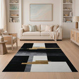 ODIKA Modern Abstract Black and Gold Geometric Washable Area Rug - Low Pile Non-Slip