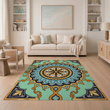 Teal Mandala Area Rug with Vibrant Orange Accents