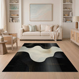 ODIKA Modern Abstract Washable Area Rug - Black & Gold Wavy Geometric Low Pile Non-Slip Carpet