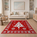 Festive Red Christmas Tree Snowflakes Area Rug