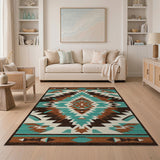 Blue and Teal Teal Rust Geometric Southwestern Area Rug