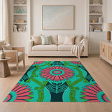 Teal Pink Starburst Flower Zebra Leaf Area Rug
