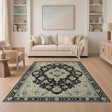 Ivory Persian Medallion Area Rug with Navy Floral Design