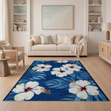 Navy Hibiscus Blooms with Palm Leaves Area Rug