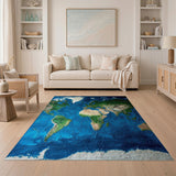 ODIKA World Map Topography Area Rug - Washable Non-Slip Low Pile Rug for Living Room & Playroom