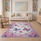 Floral Vintage Pink Whimsical Pink Butterfly Floral Area Rug