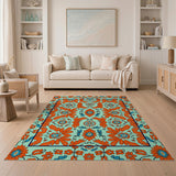 Teal Persian Floral Area Rug with Orange Blooms
