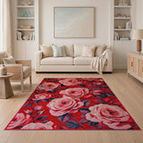 Pink Roses on Red Floral Vintage Area Rug