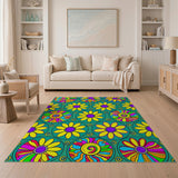 ODIKA Washable Groovy Retro Floral Rug - Colorful 70s Psychedelic Daisy Low Pile Non-Slip Area Rug