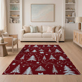 Festive Crimson Christmas Trees Snowflakes Area Rug