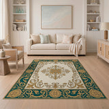 Ornate Teal Gold Medallion Area Rug