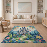 Washable Whimsical Rainbow Fairy Tale Castle Kids Area Rug