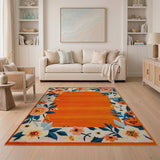Vibrant Orange Floral Border Area Rug