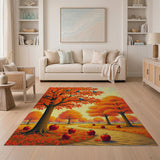 Vibrant Orange Autumn Maple Grove with Apples Birds Rug