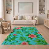Blue and Teal Vibrant Pink Hibiscus Teal Floral Area Rug