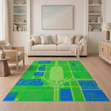 Green Blue Geometric Urban Grid Area Rug