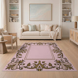 Pink Pink Gold Ornate Floral Border Rug