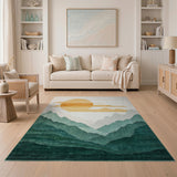 Golden Sun Over Layered Teal Mountains Rug
