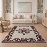 Ornate Maroon Border Beige Persian Area Rug
