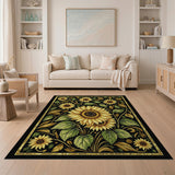 Golden Sunflower Medallion Black Area Rug
