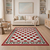 Red Checkered Area Rug with Rose Vine Border