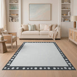 White Area Rug with Charcoal Polka Dot Border