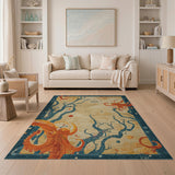 Whimsical Orange Octopus Teal Branch Area Rug
