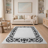 Ornate Floral Scroll Frame Black White Area Rug