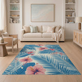 Blue Teal Palm Fronds Pink Hibiscus Area Rug